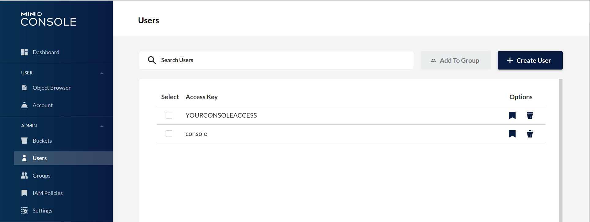 MinIO Console User Management View