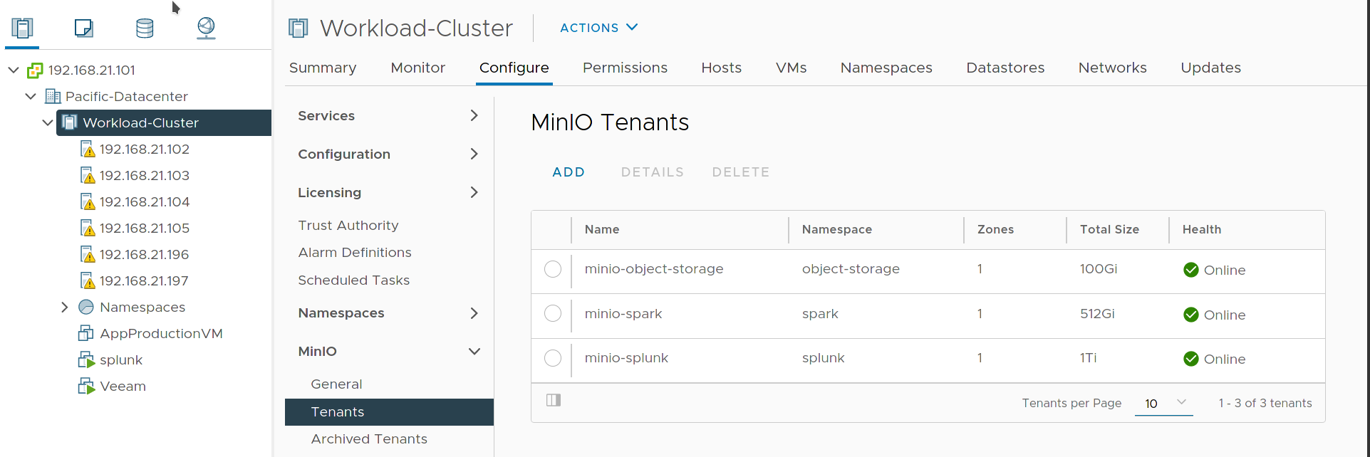 MinIO Tenant List