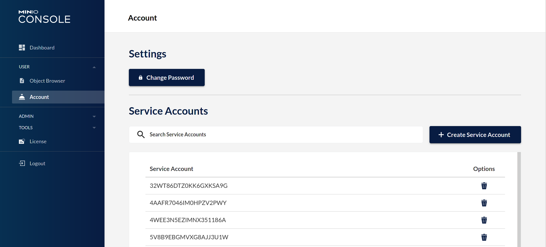 MinIO Console Account Management View