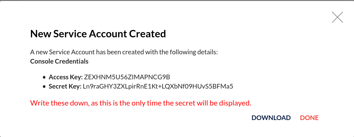 MinIO Console Service Account Management View Download Credentials
